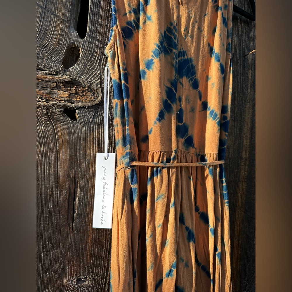 NWT Young Fabulous & Broke Blue Frida Dress in Tan & Blue w Slit & Belt - Picture 12 of 14